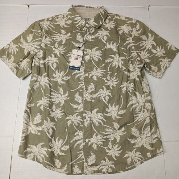 Chaps Seacoast Wash Linen Woven Shirt Men's L Large Light Olive Floral Print - Picture 1 of 7